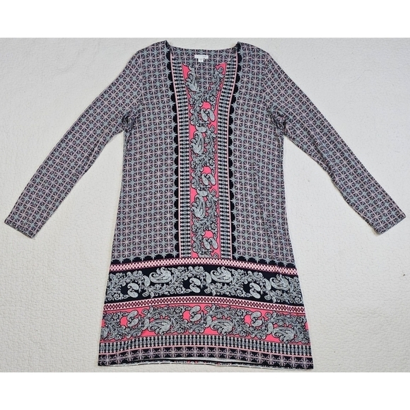 NWT J. Jill Navy Blue Pink White Paisley Geometric 3/4 Sleeve Tunic Shift Dress - Picture 2 of 8